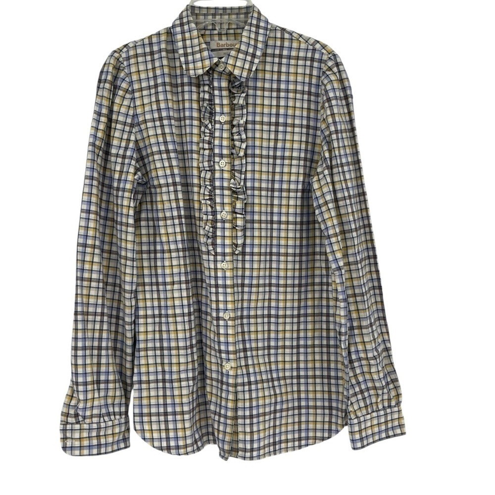 Barbour Women’s Ruffle Plaid Flannel Long Sleeve Button Down Top Size 6